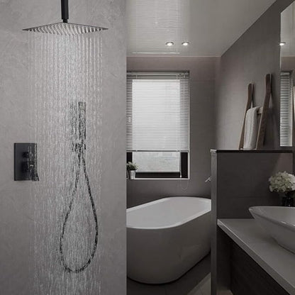 Iriber Matte Black Ceiling Mount Rain Shower System with 12 Inch Shower Head and Handheld Bathroom Square Shower Faucet Set Contain Shower Mixer and Trim Kit (Valve Included)