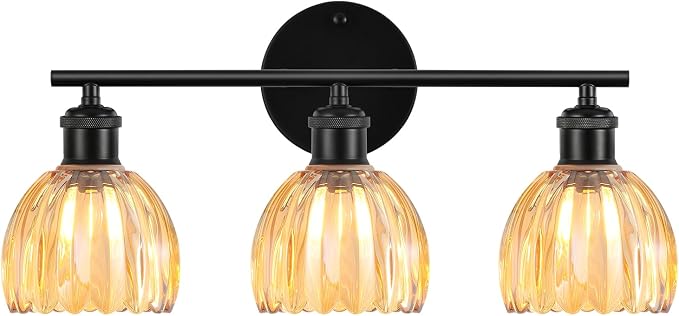 Bathroom Light Fixtures, 3-Light Brushed Black Vanity Lights for Bathroom with Amber Tulip Glass Shade, 20" Vintage Bathroom Vanity Lighting Fixtures Over Mirror for Bedroom Living Room Hallway
