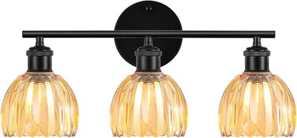 Bathroom Light Fixtures, 3-Light Brushed Black Vanity Lights for Bathroom with Amber Tulip Glass Shade, 20" Vintage Bathroom Vanity Lighting Fixtures Over Mirror for Bedroom Living Room Hallway
