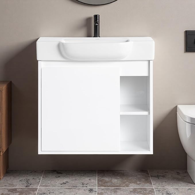 24" Bathroom Vanity with Ceramic Sink, Farmhouse Cabinet, White | Ceramic Sink, Soft-Close Door, Interior Compartment and 2-Tier Open Side Shelves, 45° Inclined Edge Handle