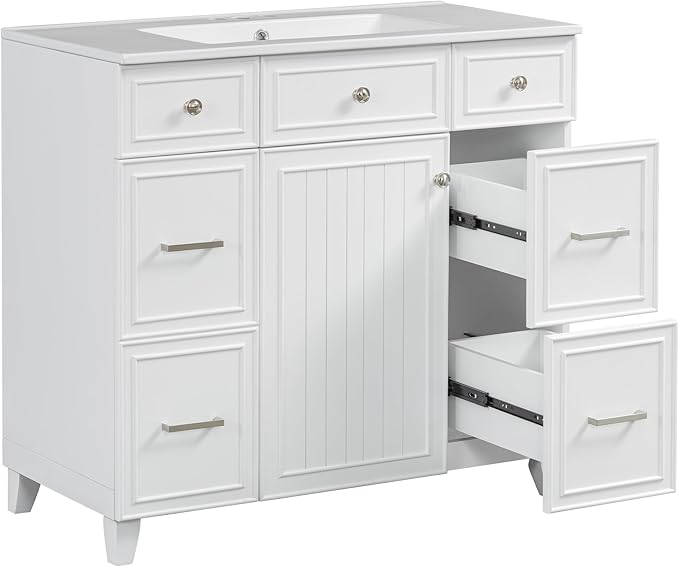 Favfurish 36" Bathroom Vanity with Ceramic Sink,Undermount Single Basin Bath Vanity Set w/Soft Closing Door and 3 Drawers,Modern Freestanding Storage Cabinet,Solid Wood Frame,White