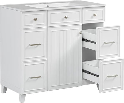 Favfurish 36" Bathroom Vanity with Ceramic Sink,Undermount Single Basin Bath Vanity Set w/Soft Closing Door and 3 Drawers,Modern Freestanding Storage Cabinet,Solid Wood Frame,White