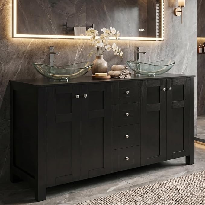 48 Inch Bathroom Vanity with Sink, Traditional Freestanding Black Bathroom Vanity Cabinet, Pedestal Cabinet with Two Boat Clear Glass Vessel Sinks
