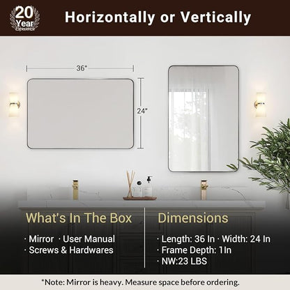 Chrome Mirror for Bathroom, 24"x36" Metal Frame Wall Mirror with Rounded Corner, Modern Rectangle Bathroom Vanity Mirror with Polish Finish