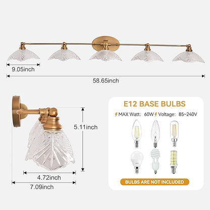 58.65-inch Bathroom Vanity Light, 5-Light Brass Vanity Light, European Classic Luxury Bathroom Mirror Light, E12 Sockets