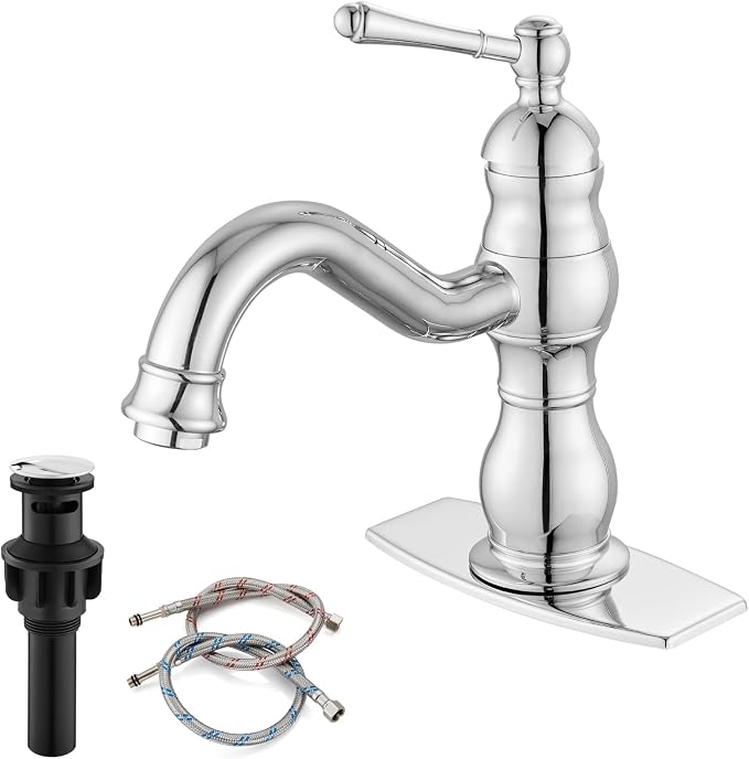 gotonovo Bathroom Faucet 1 Hole Vintage,Polish Chrome,7.1” Spout Reach | Bathroom Sink Faucet for 1 or 3 Hole Single Handle,Deck Plate,360° Swivel Spout,Pop Up Drain,cUPC Supply Hoses,for Vanity RV