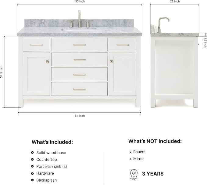 DKB Alenza 54-Inch White Bathroom Vanity with Sink, Italian Carrara Marble Countertop & Backsplash, Rectangular Undermount, 2 Soft Closing Doors, 5 Dovetail Drawers, Brushed Nickel Hardware