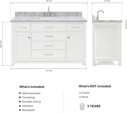 DKB Alenza 54-Inch White Bathroom Vanity with Sink, Italian Carrara Marble Countertop & Backsplash, Rectangular Undermount, 2 Soft Closing Doors, 5 Dovetail Drawers, Brushed Nickel Hardware