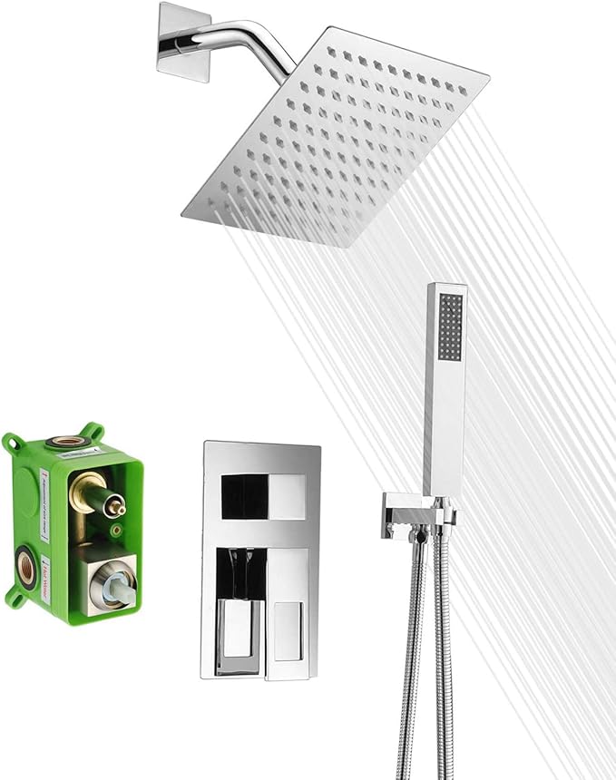 SUMERAIN Bathroom Shower System with Rain Shower and Hand Wand Chrome | 8" Stainless Steel Shower Head, Brass Rough-in Valve, Concealed Box Design, Easy to Maintain and Install