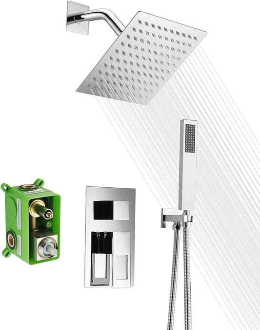 SUMERAIN Bathroom Shower System with Rain Shower and Hand Wand Chrome | 8" Stainless Steel Shower Head, Brass Rough-in Valve, Concealed Box Design, Easy to Maintain and Install