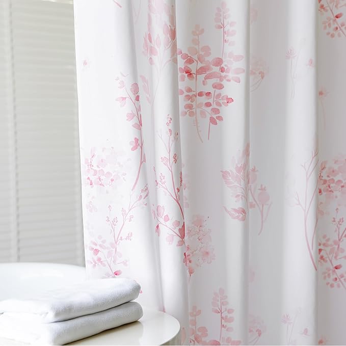72x78 Inch Shower Curtain for Bathroom Water Repellent Fabric Curtains with Hooks Sets Pink Watercolor Floral