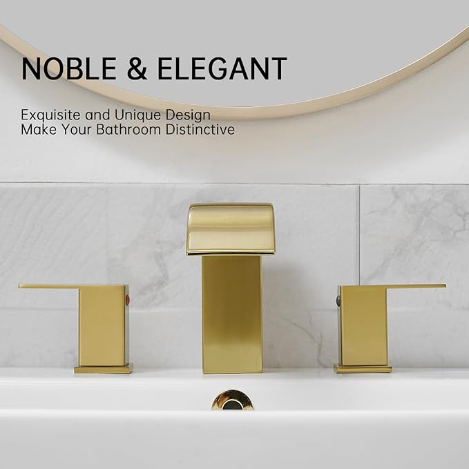 RUMOSE 8 inch Bathroom Faucets Set Brushed Gold Bathroom Sink Faucet 3 Hole with Pop Up Drain Widespread 2 Handles Stainless Steel Lavatory Vanity Faucet Waterfall Spout Deck Mounted