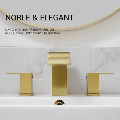 RUMOSE 8 inch Bathroom Faucets Set Brushed Gold Bathroom Sink Faucet 3 Hole with Pop Up Drain Widespread 2 Handles Stainless Steel Lavatory Vanity Faucet Waterfall Spout Deck Mounted