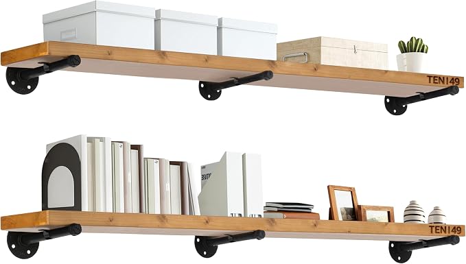 TEN49 48" Real Wood Floating Shelves for Wall - Set of 2 - Industrial Pipe Shelf Brackets - Rustic Farmhouse Wall Shelving - Light Walnut Wood - Kitchen, Bathroom, Living Room Heavy Duty Decor Art