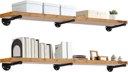 TEN49 48" Real Wood Floating Shelves for Wall - Set of 2 - Industrial Pipe Shelf Brackets - Rustic Farmhouse Wall Shelving - Light Walnut Wood - Kitchen, Bathroom, Living Room Heavy Duty Decor Art