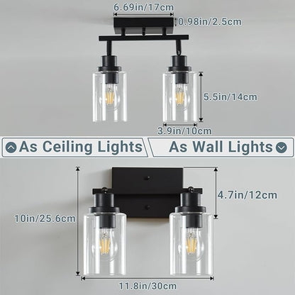 LOUSACE 2 Light Kitchen Track Light Fixtures Ceiling Vanity Lights Black, Bathroom Track Lighting Kit w/Rotatable Heads & Clear Glass Shade, Modern Wall Ceiling Tracking Light for Accent Shop Hallway