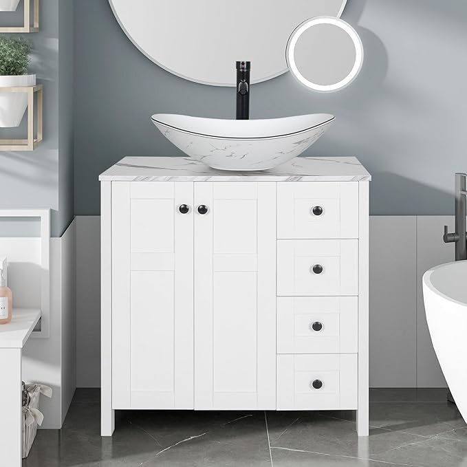 32 Inches White Bathroom Vanity with Marble Texture Top and 4 Drawers, Modern Standing Pedestal Cabinet with Marble Boat Ceramic Sink
