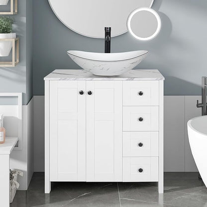 32 Inches White Bathroom Vanity with Marble Texture Top and 4 Drawers, Modern Standing Pedestal Cabinet with Marble Boat Ceramic Sink