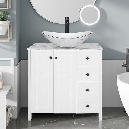 32 Inches White Bathroom Vanity with Marble Texture Top and 4 Drawers, Modern Standing Pedestal Cabinet with Marble Boat Ceramic Sink