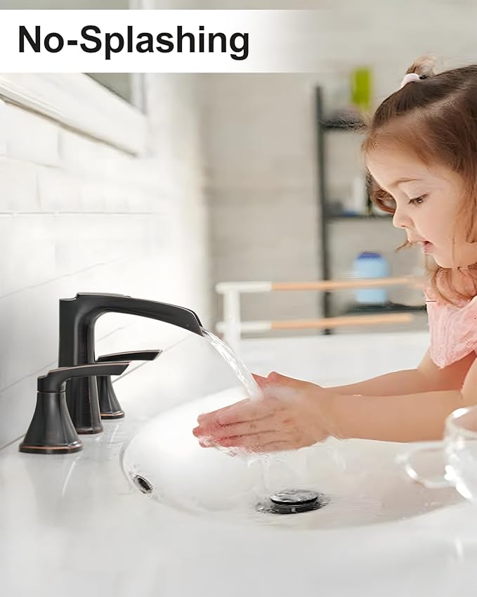 Fapully Oil Rubbed Bronze Bathroom Faucet 3 Hole, Waterfall 8 Inch Two-Handle Widespread Bathroom Sink Faucet with Pop-up Drain