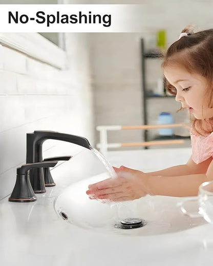Fapully Oil Rubbed Bronze Bathroom Faucet 3 Hole, Waterfall 8 Inch Two-Handle Widespread Bathroom Sink Faucet with Pop-up Drain