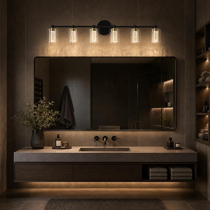 Black and Gold Vanity Light with 3 Color Modes, Eye Protection LED Bathroom Light Fixtures, Dimmable Modern Wall Light Over Mirror with Clear Glass Shade (Black & Gold, 6-Light)
