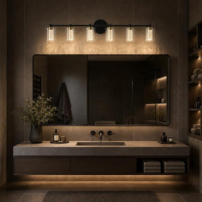 Black and Gold Vanity Light with 3 Color Modes, Eye Protection LED Bathroom Light Fixtures, Dimmable Modern Wall Light Over Mirror with Clear Glass Shade (Black & Gold, 6-Light)