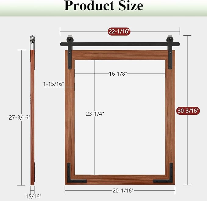 Farmhouse Mirror for Wall, 22x30 Inch Brown Wood Framed Rectangle Bathroom Vanity Mirror, Barn Door Style Mirrors Decor Mirror for Living Room Bedroom Entryway