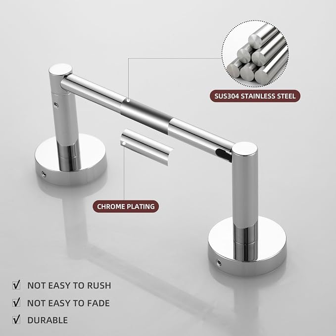 Chrome Bathroom Accessories, Polished Silver Bathroom Hardware Set Includes Double Post Toilet Paper Holder 15 to 24 Inch Towel Bar Towel Ring Robe Hook 4 Pieces Hand Towel Holder Wall Mount