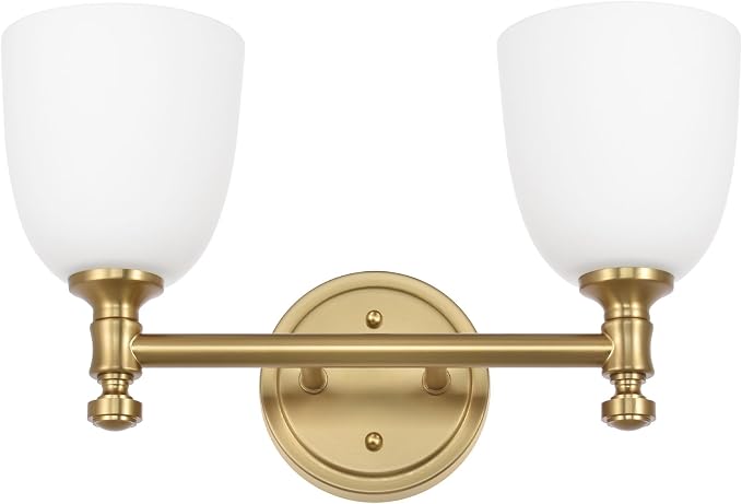 Gold Bathroom Vanity Light Fixtures, 2-Light Over Mirror, Traditional Vanity Lights for Living Room, Milk White Glass Shades, Standard E26 Base, Aged Brass, 16.3" W x 9.4" H x 6.25" D