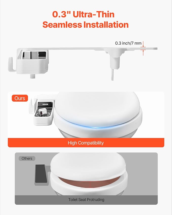 VEVOR Bidet Attachment for Toilet, Hot & Cold Non-Electric Water Sprayer - Dual Retractable Nozzles, Adjustable Water Pressure, 0.3’’ Ultra Thin Bidet Toilet Seat Attachment for Rear and Feminine Wash