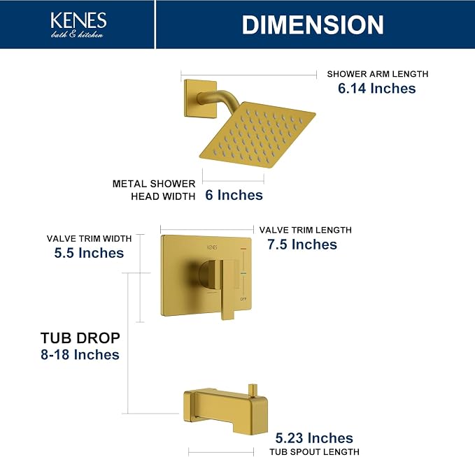 KENES Shower Set with Tub Faucet, Brushed Gold Tub Shower Faucet Set | Shower Faucet with 6-Inch Rain Shower Head, Square Shower System, Valve Included, Lead-Free cUPC & NSF Certified, Stainless