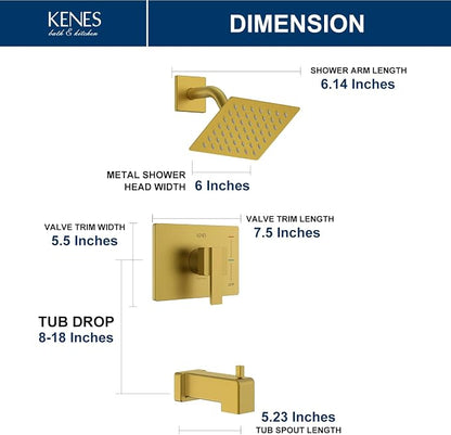KENES Shower Set with Tub Faucet, Brushed Gold Tub Shower Faucet Set | Shower Faucet with 6-Inch Rain Shower Head, Square Shower System, Valve Included, Lead-Free cUPC & NSF Certified, Stainless