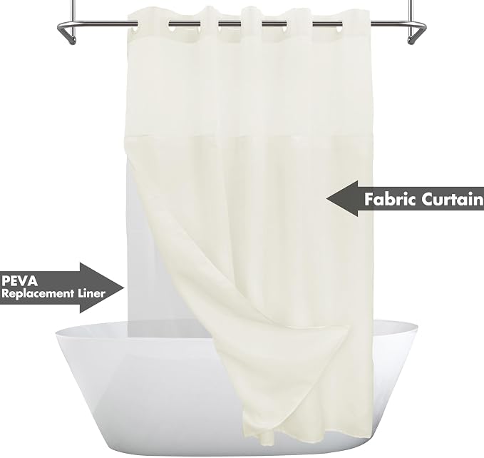 Long No Hook Slub Textured Shower Curtain with Snap-in PEVA Liner Set - 71" x 80"(78"), Hotel Style with See Through Top Window, Cream Fabric Curtain & Waterproof Liner, Sand,W71xH78 | Snap on/off Waterproof PEVA Liner, See Through Top Window, Slub Tex...