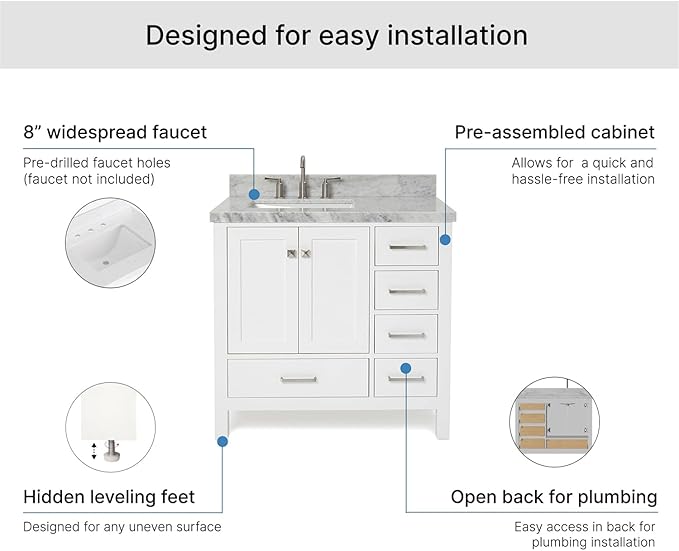 ARIEL Cambridge 36-inch Bathroom Vanity with Sink,Solid Wood, 1.5-inch Italian Carrara Marble Countertop, Single Rectangular Porcelain Sink, 2 Soft Closing Doors, 5 Dovetail Drawers, White