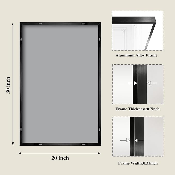 Koonmi Black Rectangle Wall Mirror, 20x30 Inch Bathroom Mirror, Aluminum Frame Vanity Mirror for Entryway, Living Room, Bedroom, Hangs Horizontally or Vertically