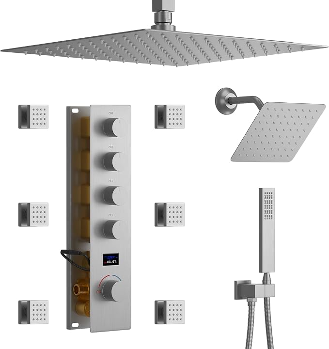 Brushed Nickel Shower System Tempreature Display Shower Fuacet Set | 12 inch and 8 inch Full Body Shower Head, with 6 PCS Body Jet and Handheld Spray
