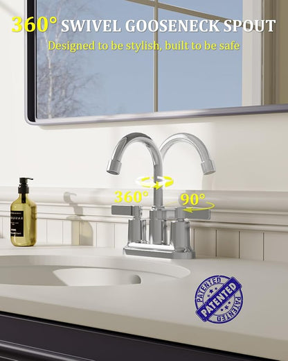 Chrome Bathroom Sink Faucet 3 Hole 4 Inch Centerset Bathroom Faucets | Faucet for Bathroom Sink with Pop Up Drain and 2 Supply Hoses 2 Handle Bathroom Faucet for Sink Vanity RV Evolvegoods
