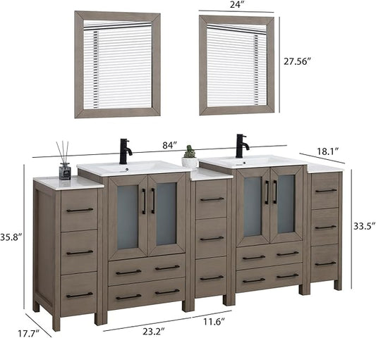 HOMEBEYOND 84 Inch Modern Bathroom Vanity with Sink & Mirror, Double Sink Vanity Cabinet with Basin and Mirror, Dove-Tailed Drawers, Soft-Closing Doors, Wood, Driftwood Gray