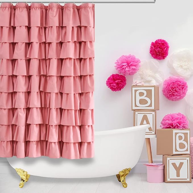 Pink Ruffle Shower Curtain for Bathroom, 72x72 inch, Ruffled Layered Fabric | Cascading Ruffle Tiers, Standard 72 X 72 Size, 7ft, Soft Microfiber Fabric, 12 Hooks Included, Machine Washable, Farmhouse