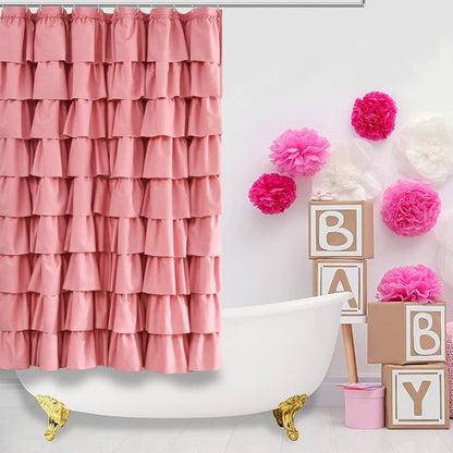 Pink Ruffle Shower Curtain for Bathroom, 72x72 inch, Ruffled Layered Fabric | Cascading Ruffle Tiers, Standard 72 X 72 Size, 7ft, Soft Microfiber Fabric, 12 Hooks Included, Machine Washable, Farmhouse