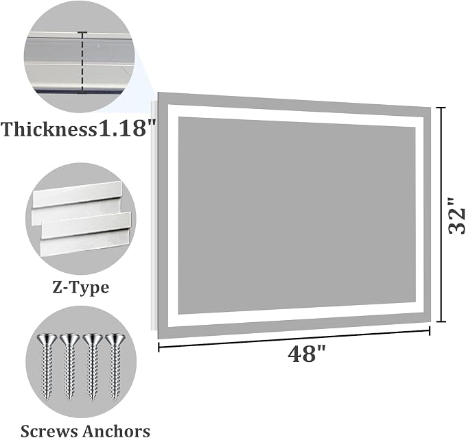 Koonmi 48x32 LED Bathroom Mirror, Shatterproof Mirror with Light | 90CRI Vanity Mirror with Anti-fog Backlit + Front Lit, 3 Color, Easy Install for Bathroom Hotel (IP65)