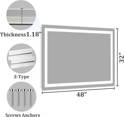 Koonmi 48x32 LED Bathroom Mirror with Light, Anti-Fog, 3 Colors | Backlit + Front Lit, Dimmable Brightness, Shatterproof HD Distortion-Free Tempered Glass, Hardware Included