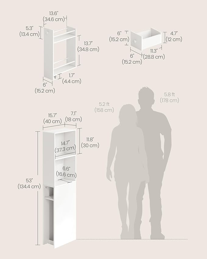 VASAGLE Slim Bathroom Storage Cabinet, Narrow Freestanding Cabinet with Storage Drawers and Adjustable Shelf, for Small Spaces, Modern Style, Cloud White UBBK567T14S