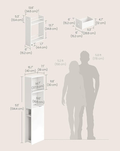VASAGLE Slim Bathroom Storage Cabinet, Narrow Freestanding Cabinet with Storage Drawers and Adjustable Shelf, for Small Spaces, Modern Style, Cloud White UBBK567T14S