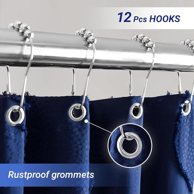 Waterproof Fabric Shower Curtain for Bathroom - Washable, 72"x72", Boho Style, Textured Jacquard, Hotel Quality, 12 Metal Hooks, Navy Blue
