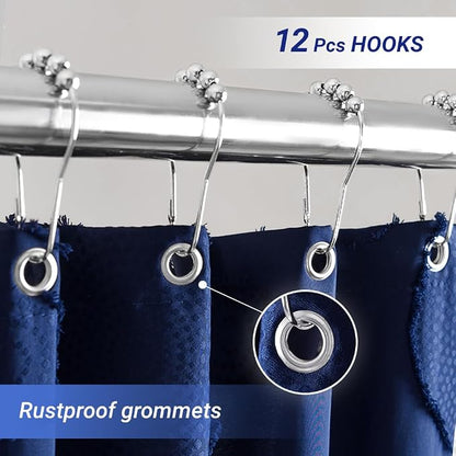 Waterproof Fabric Shower Curtain for Bathroom - Washable, 72"x72", Boho Style, Textured Jacquard, Hotel Quality, 12 Metal Hooks, Navy Blue