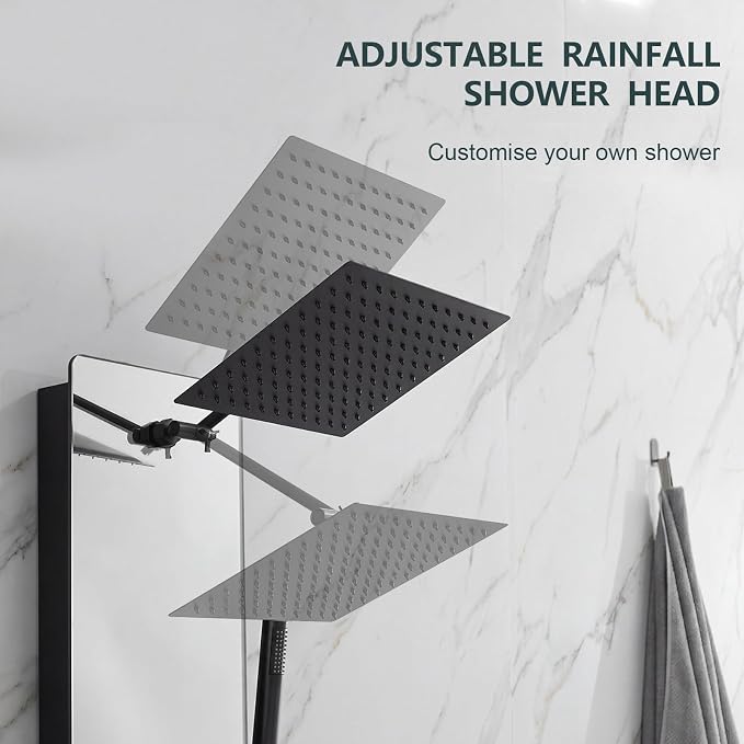 Shower Panel - Adjustable Rainfall Head, Black | Stainless Steel and Glass, Multifunction Shower Panels Tower System, Handheld Shower 2-Setting Body Jets, Tub Spout