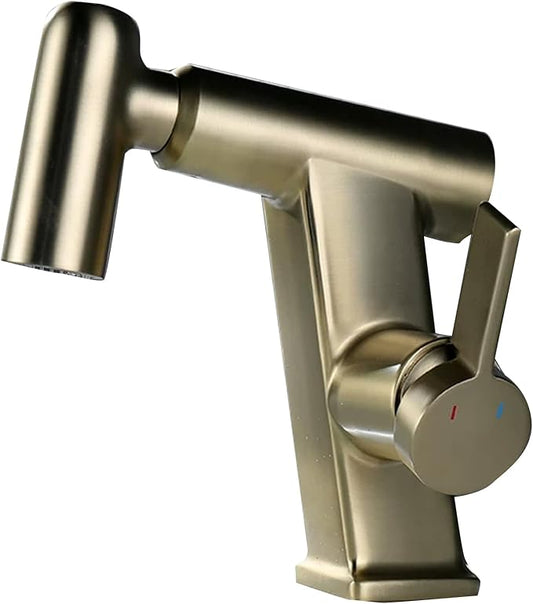 JRUIA White Bathroom Faucet, Brass Sink Mixer Tap, Pull Out Spray, Three Water Output Modes, Modern Swivel Kitchen Faucet,Gold
