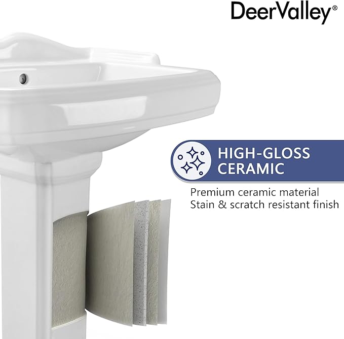 DeerValley Dynasty 23x19 Inch White Ceramic Pedestal Bathroom Sink with Overflow, Single Faucet Hole, DV-1P52201